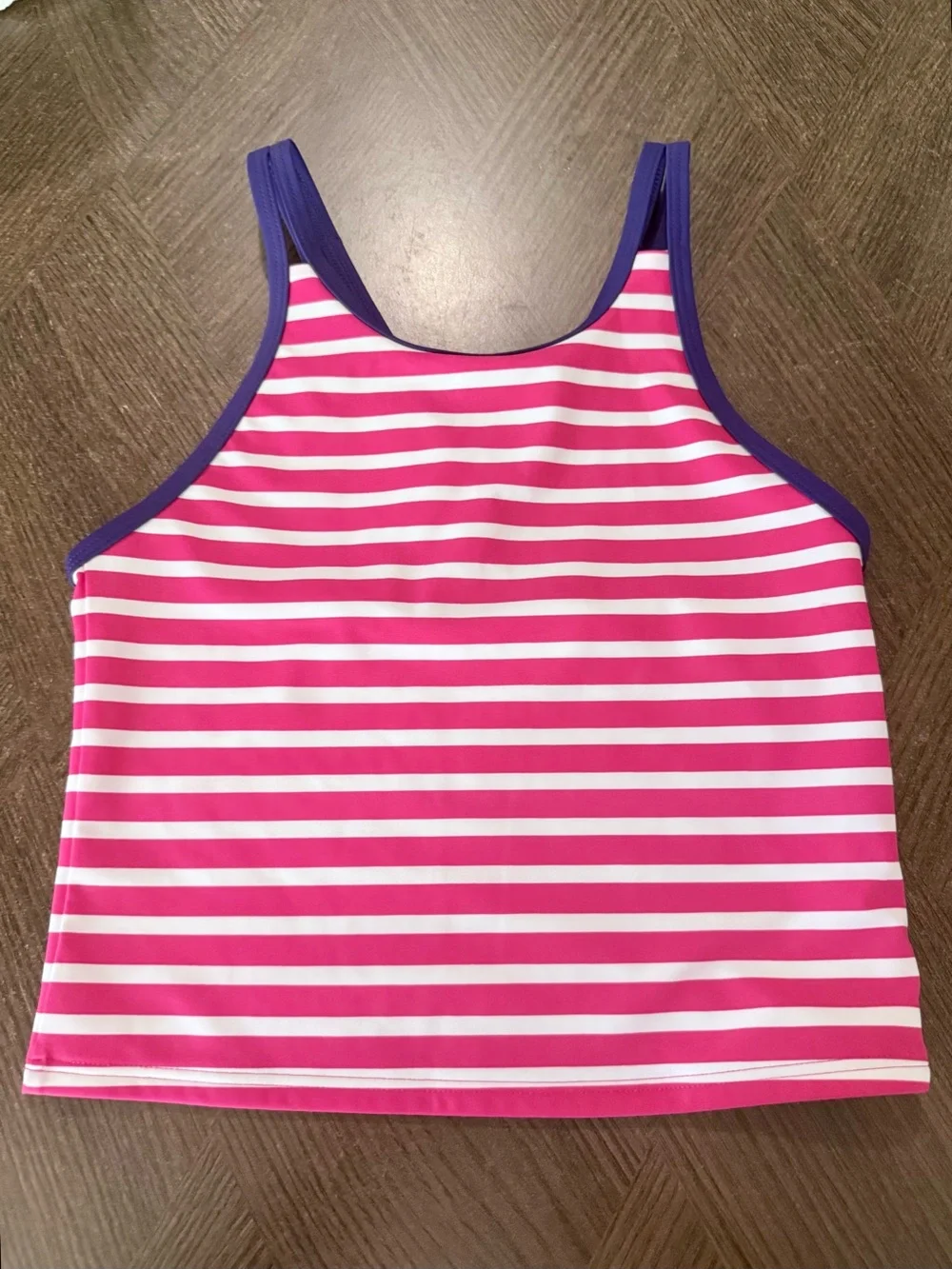 L.L. Bean Pink & White Striped Kids Swim Tankini Top with Purple Trim